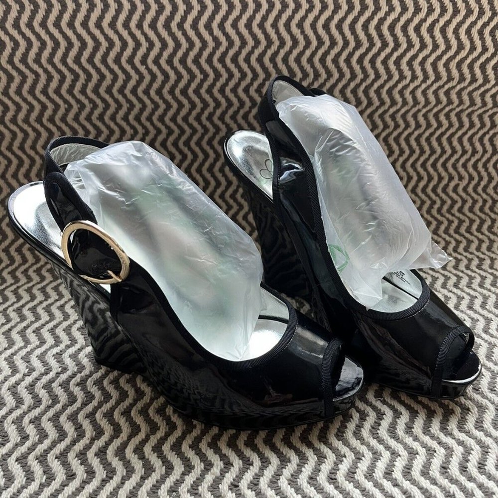 Jessica Simpson Women Wedge Heels Open Toe SlingBack New Shiny Black Size 7